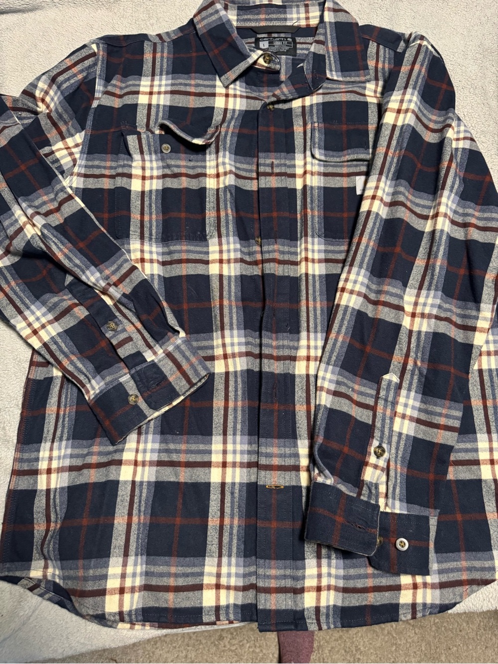 Carhartt Men's Navy Plaid Button-Down Shirt with Cream & Rust Stripes